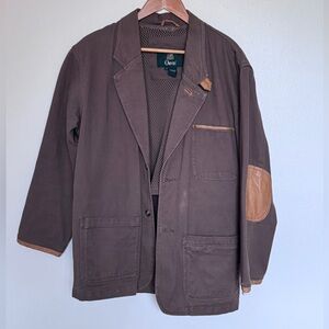 Orvis Field Jacket Brown Cotton Canvas Leather Elbow Patches Mesh Lined Mens M